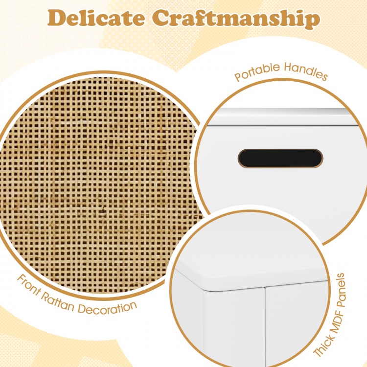 Kids rattan toy storage box with flip top lid, safety hinge, and cut-out handles for easy access and organization.
