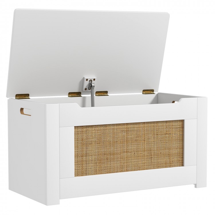 Kids rattan toy storage box in white with flip top lid, safety hinge, and cut-out handles for easy access and.