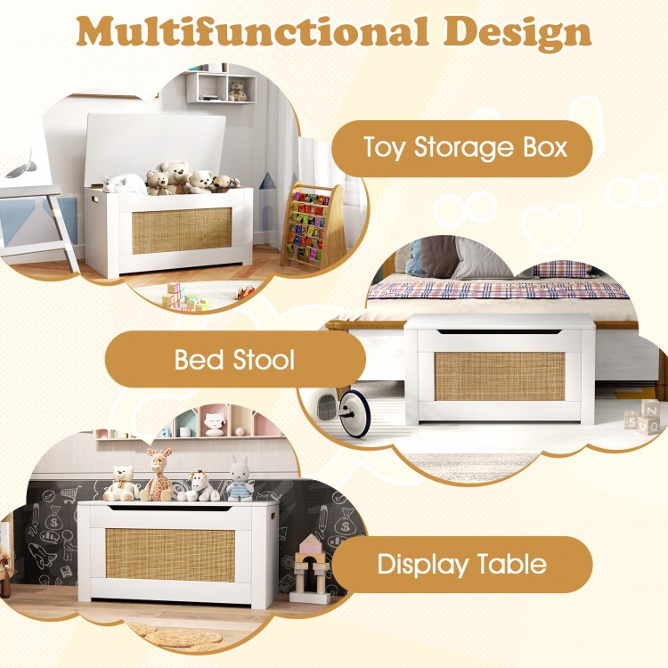 Kids rattan toy storage box in white with flip top lid, ideal for organizing toys and serving as a bench or display.