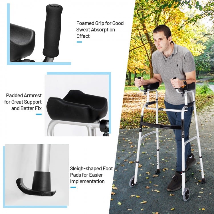 Folding height adjustable walking frame with armrest support, featuring foamed grip and padded armrests for stability.