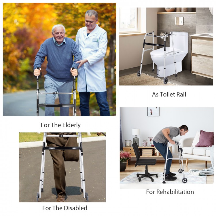 Folding height adjustable walking frame with armrest support in silver, ideal for elderly and disabled mobility.