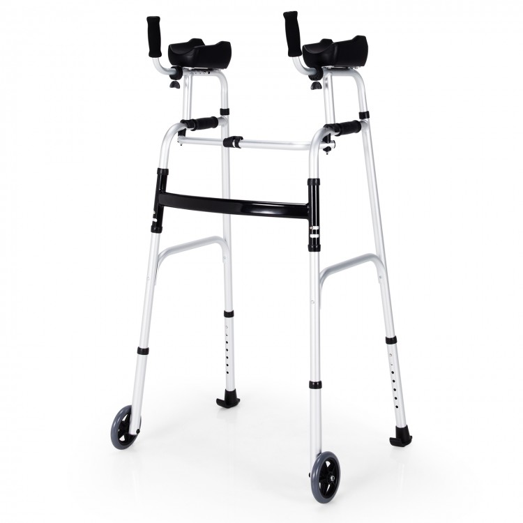 Folding height adjustable walking frame with armrest support in silver, designed for mobility assistance and easy.