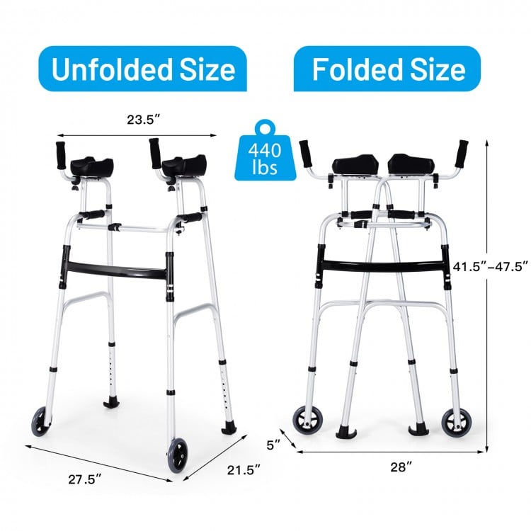 Folding height adjustable walking frame with armrest support, silver, shown in unfolded and folded sizes for easy.