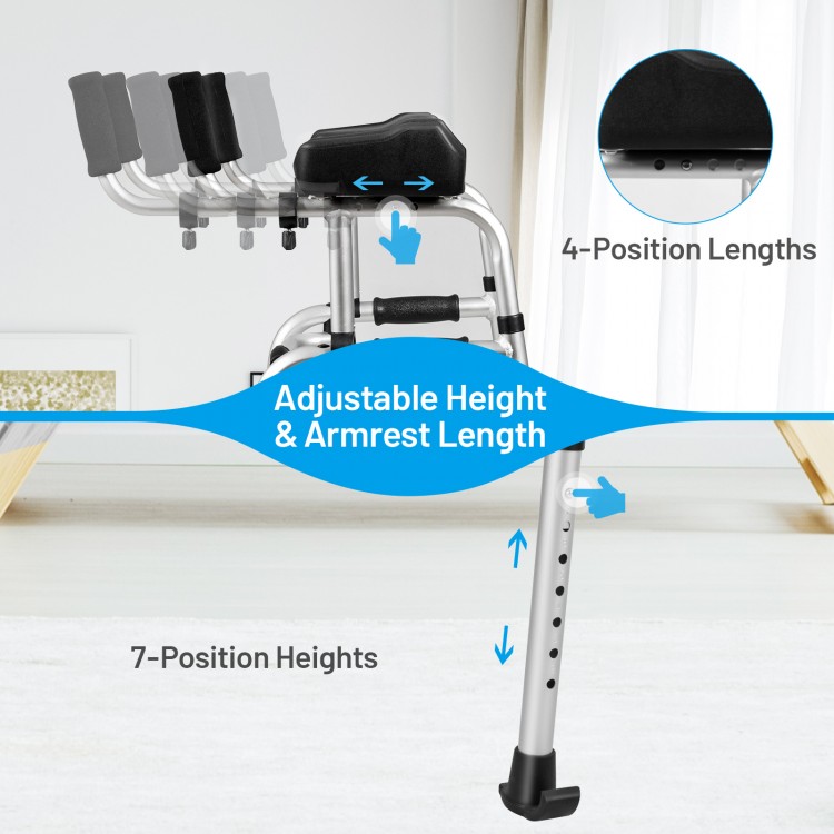 Folding height adjustable walking frame with armrest support, featuring 7-position heights and 4-position armrest.