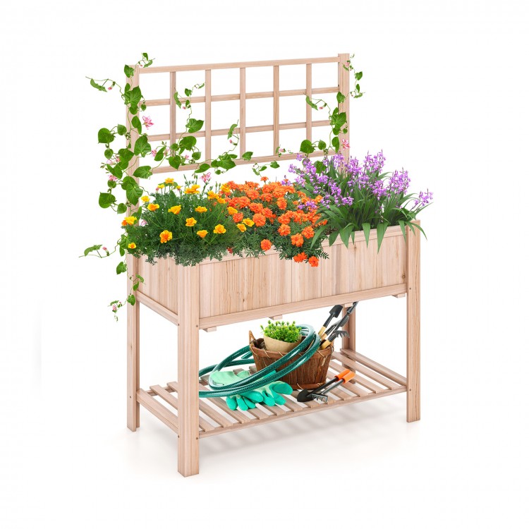 Elevated wooden planter box with trellis, featuring a deep planting area and bottom shelf for gardening tools.