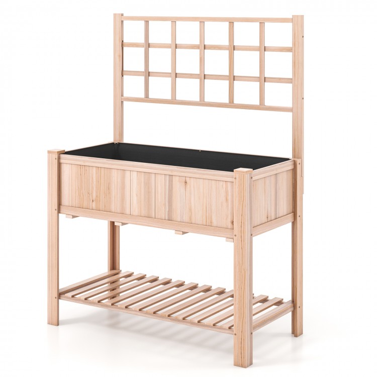 Elevated wooden planter box with trellis, measuring 48" x 23" x 63", perfect for growing climbing plants and storing.