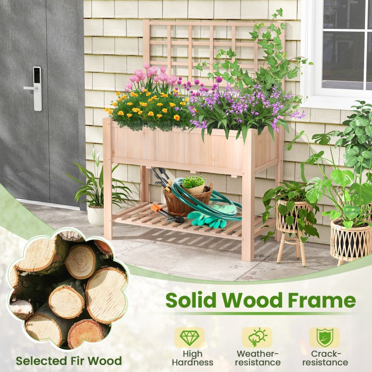 Elevated wooden planter box with trellis, made of fir wood, perfect for growing climbing plants and storing tools.