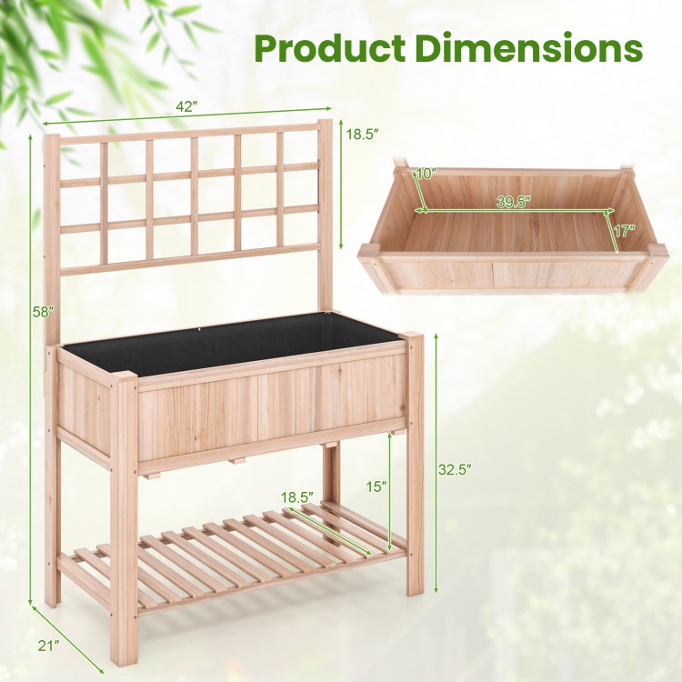 Elevated wooden planter box with trellis, measuring 48" x 23" x 63", perfect for growing climbing plants outdoors.