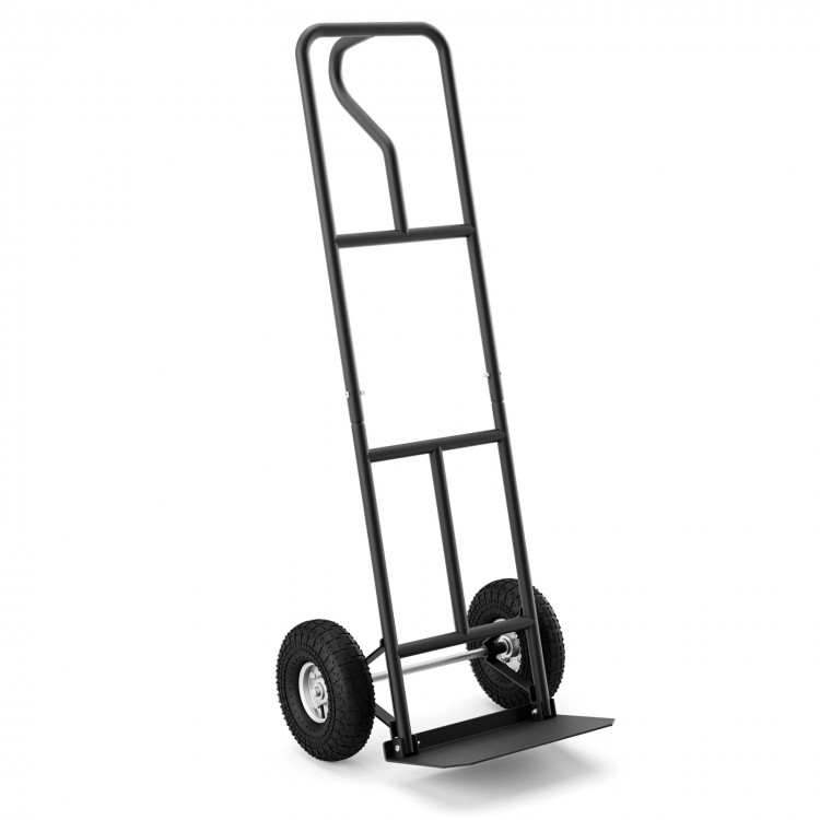 P-handle hand truck in black with foldable load plate and heavy-duty wheels for easy maneuvering and storage.