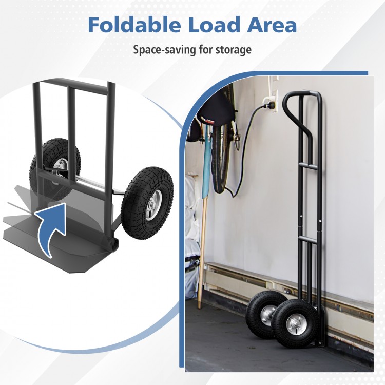 P-handle hand truck with foldable load plate, heavy-duty metal construction, ideal for warehouse and garage storage.