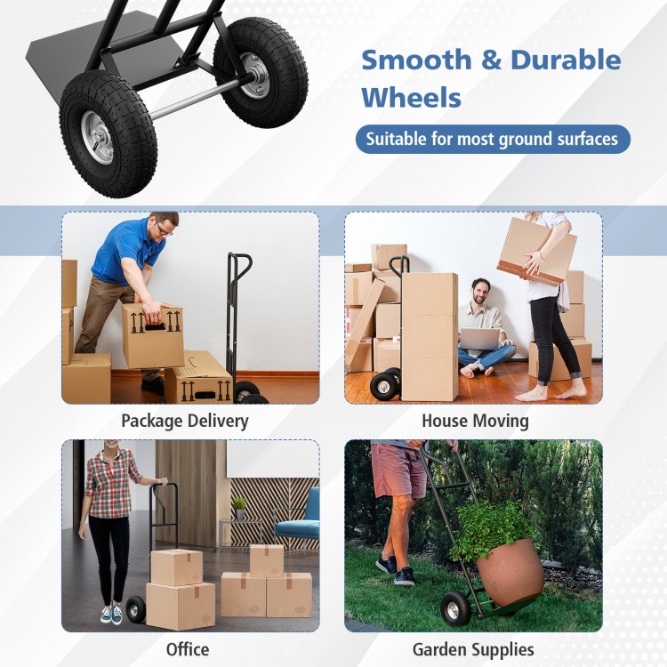 P-handle hand truck with foldable load plate, heavy-duty metal, smooth wheels for package delivery and moving tasks.