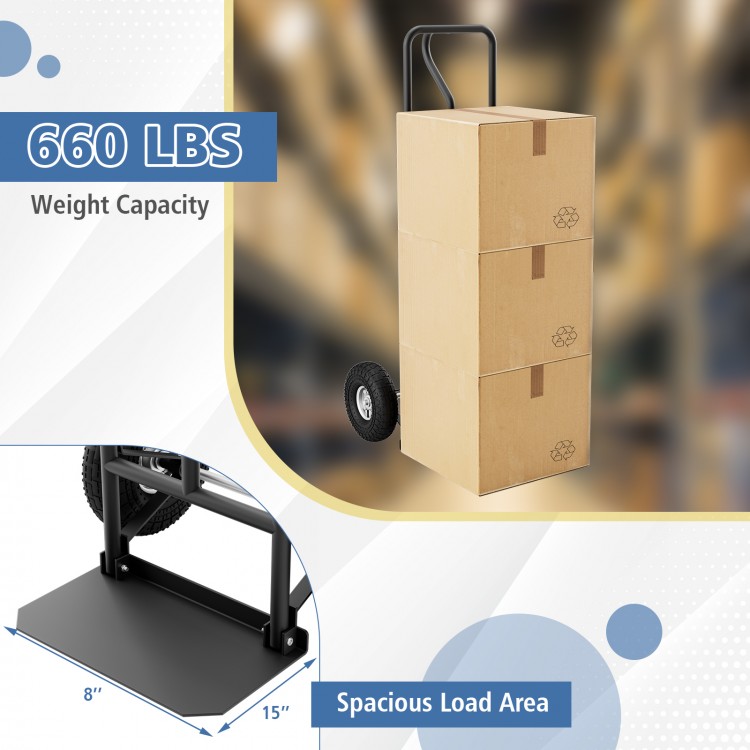 P-handle hand truck with foldable load plate, 660 lbs capacity, ideal for warehouse and garage use.