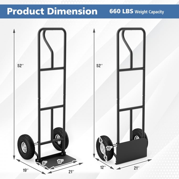 P-handle hand truck dimensions showing a foldable load plate, designed for heavy-duty use with a 660 lbs capacity.