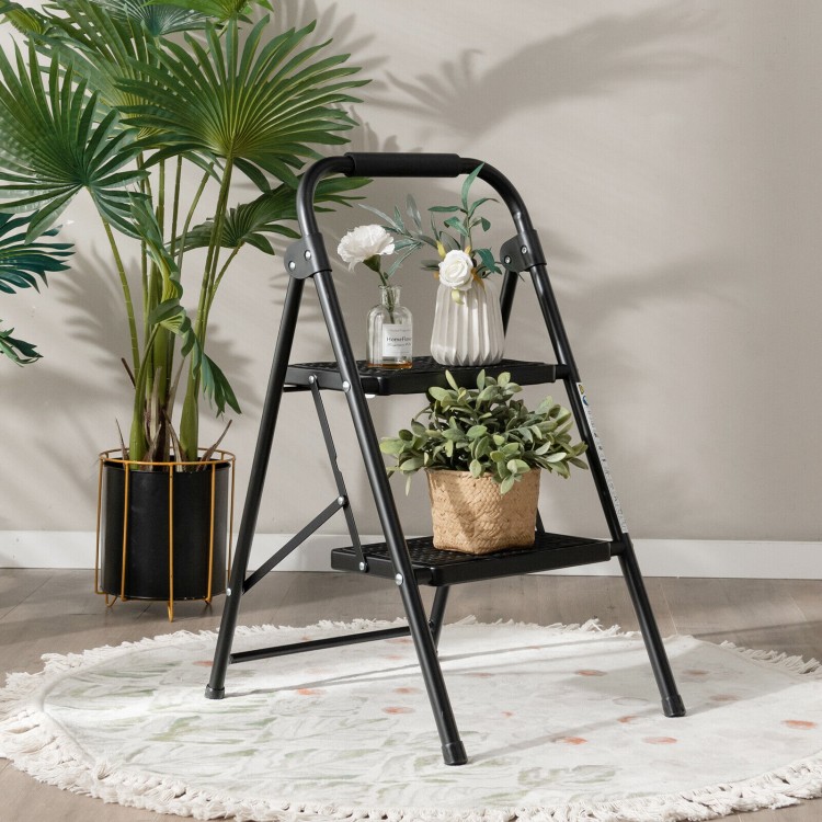 2-step ladder with a heavy-duty metal frame, anti-slip pedals, and compact design, ideal for home and office use.