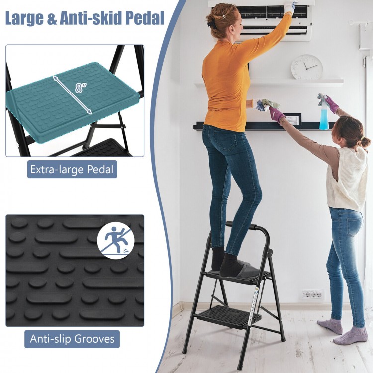 2-step ladder with wide anti-slip pedal, heavy-duty metal frame, and compact design for home and office use.