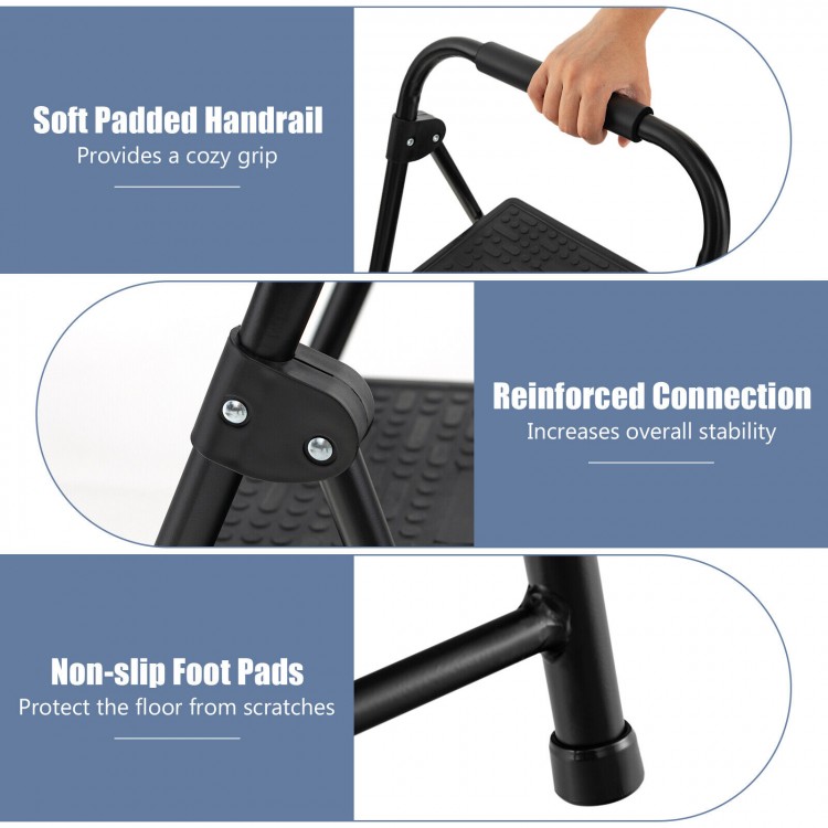 Close-up of the padded handrail and anti-slip foot pads on a 2-step ladder, ensuring safety and stability for various.