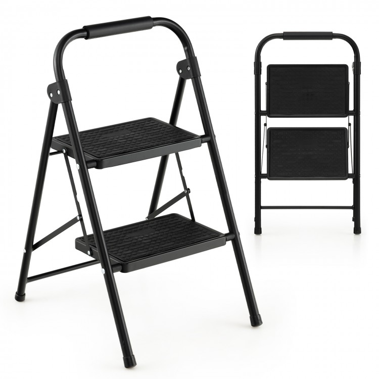 2-step ladder viewed from the side, featuring a heavy-duty metal frame and wide anti-slip pedals for enhanced safety.