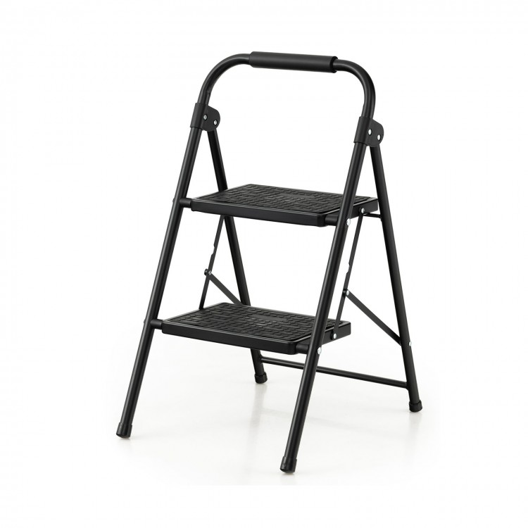 2-step ladder with heavy-duty metal frame, wide anti-slip pedals, and EVA foam padded handle for home and office use.