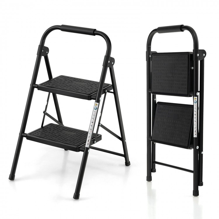 2-step ladder with wide anti-slip pedals, heavy-duty metal frame, compact folding design for easy storage and.