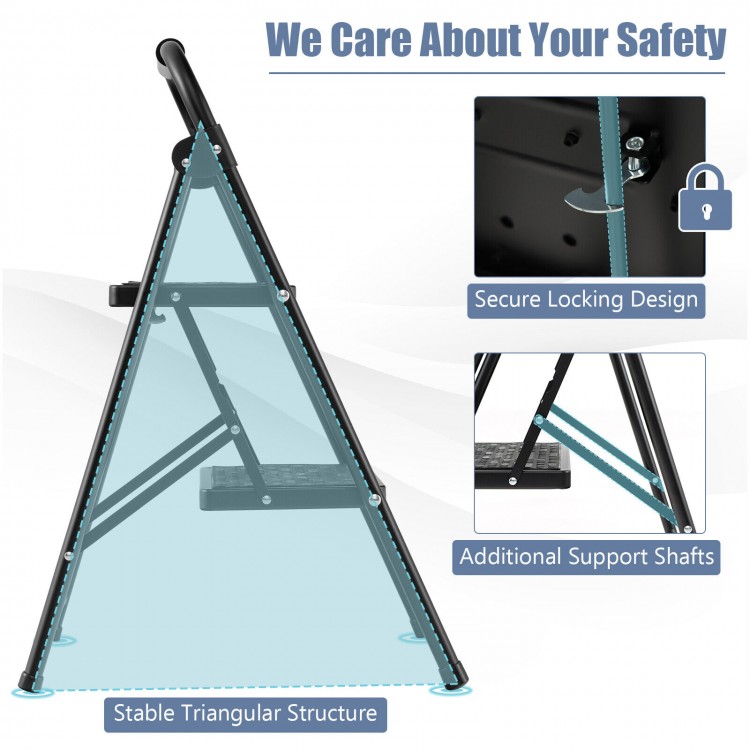 2-step ladder featuring a stable triangular structure, wide anti-slip pedals, and secure locking design for safety.