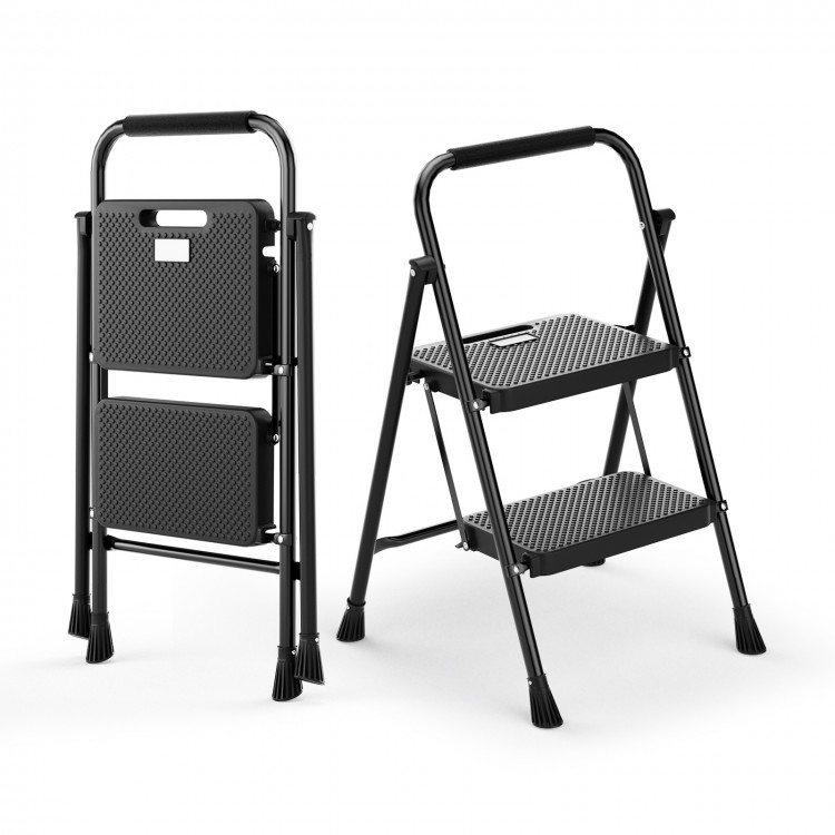 Portable folding 2-step ladder in black with anti-slip pedals and foam handle, ideal for safe and convenient use.