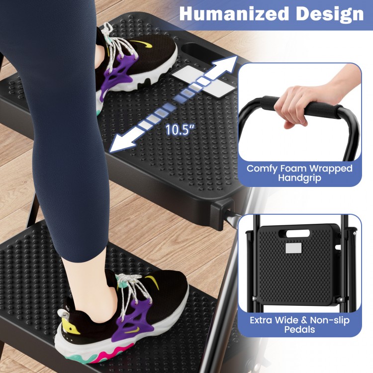 Portable folding 2 step ladder with wide anti-slip pedals and comfy foam handle, ideal for safe and convenient use.