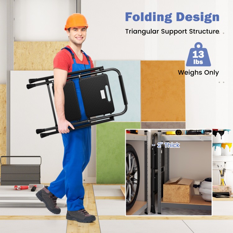 Portable folding 2-step ladder with anti-slip pedals, sturdy metal frame, and lightweight design for easy storage.