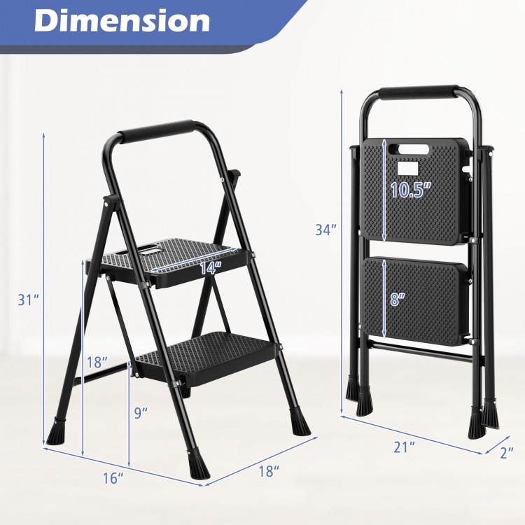 Portable folding 2 step ladder in black with anti-slip pedals and foam handle, ideal for home use and easy storage.