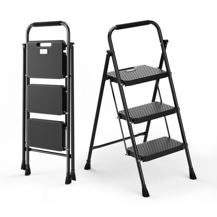Portable folding 3-step ladder in black with anti-slip pedals and foam handle, ideal for safe and convenient use.