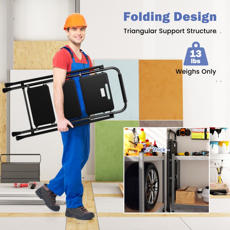 Portable folding 3-step ladder with anti-slip pedals and handle, weighing 13 lbs, ideal for versatile use and stability.