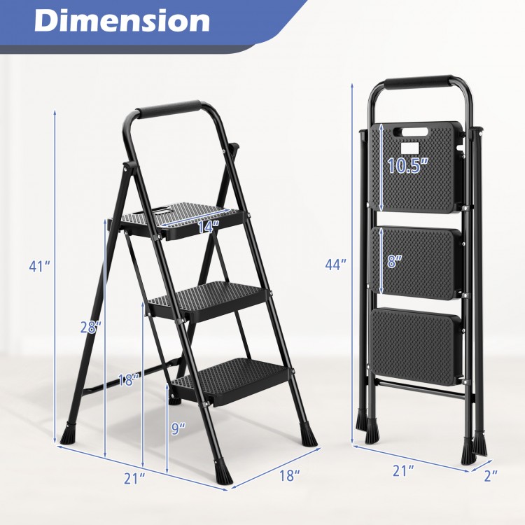 Portable folding 3-step ladder in black with anti-slip pedals, safety buckle, and compact design for easy storage.