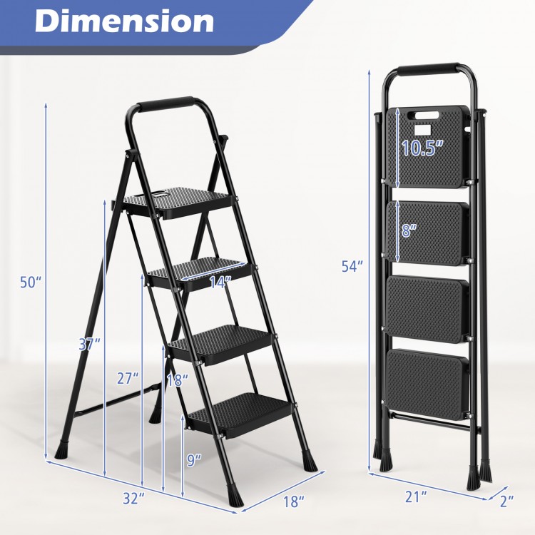 Portable folding 4 step ladder stool in black with anti-slip pedals and foam handle for safe use and easy storage.