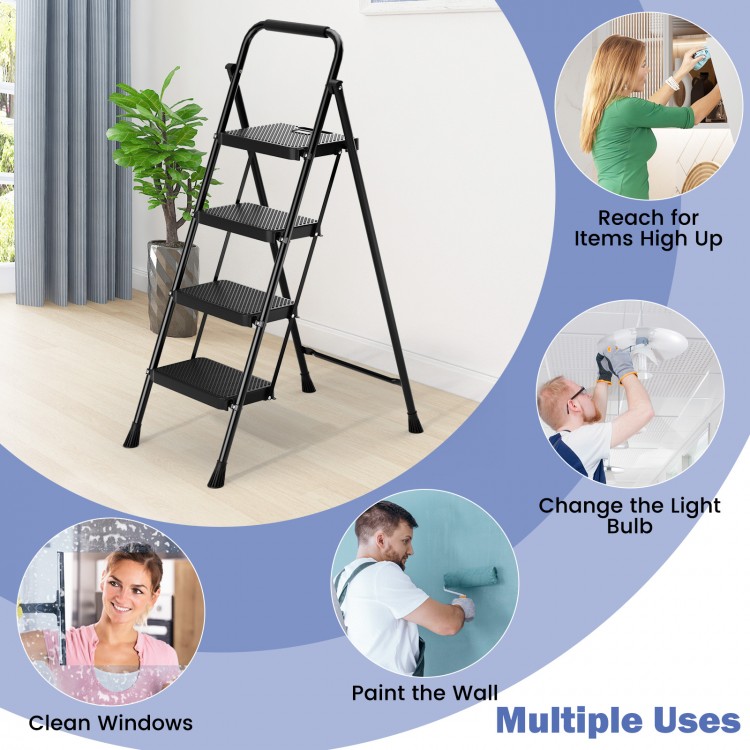 Portable folding 4-step ladder stool in black with anti-slip pedals, ideal for reaching high areas and versatile tasks.