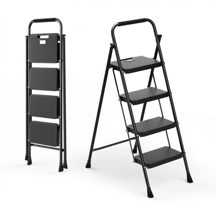 Portable folding 4-step ladder stool in black with anti-slip pedals and foam handle for safe use and easy storage.