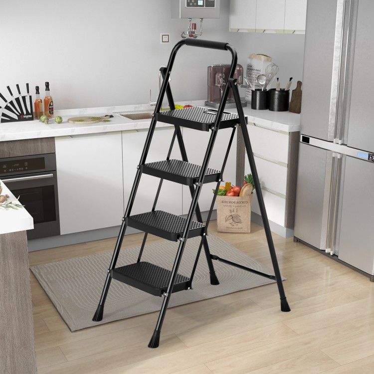 Portable folding 4 step ladder stool in black with anti-slip pedals, ideal for kitchen use and easy storage.