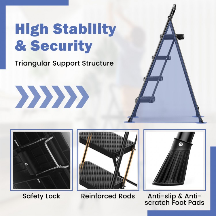 Portable folding 4-step ladder stool with anti-slip pedals and triangular support for enhanced stability and safety.