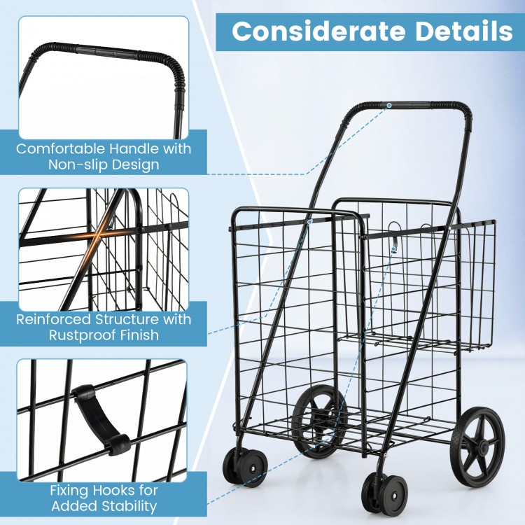 Folding black shopping cart with dual storage baskets, ergonomic handle, and swiveling wheels for easy transport.