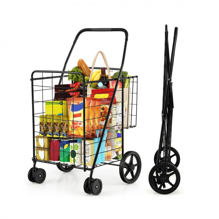 Folding shopping cart in black with groceries, featuring swiveling wheels and dual storage baskets for easy transport.