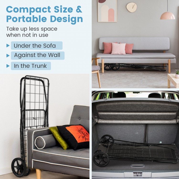 Folding shopping cart in black with dual storage baskets, compact design for easy storage under sofa or in trunk.