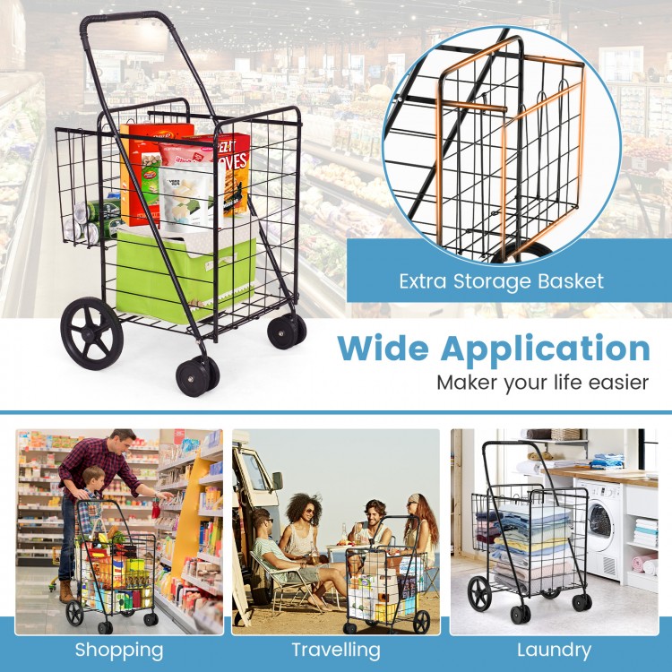 Folding shopping cart in black with dual storage baskets, ideal for grocery and laundry transport.