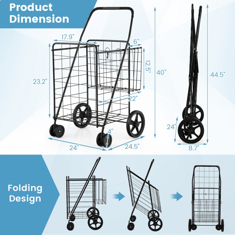 Folding shopping cart in black with dual storage baskets, swiveling wheels, and ergonomic handle for easy transport.