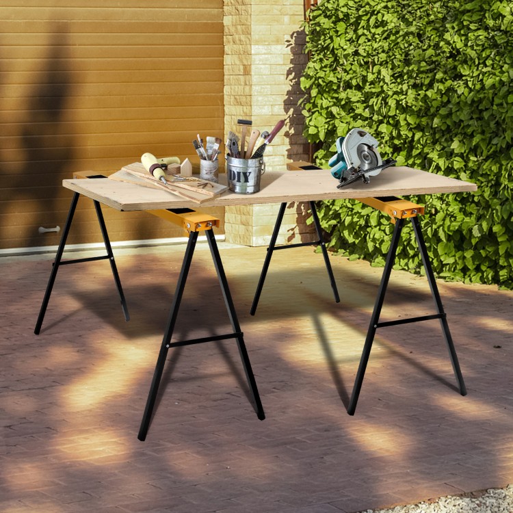 Heavy-duty steel sawhorse with folding legs, supporting up to 275 lbs, ideal for portable workspace setup.