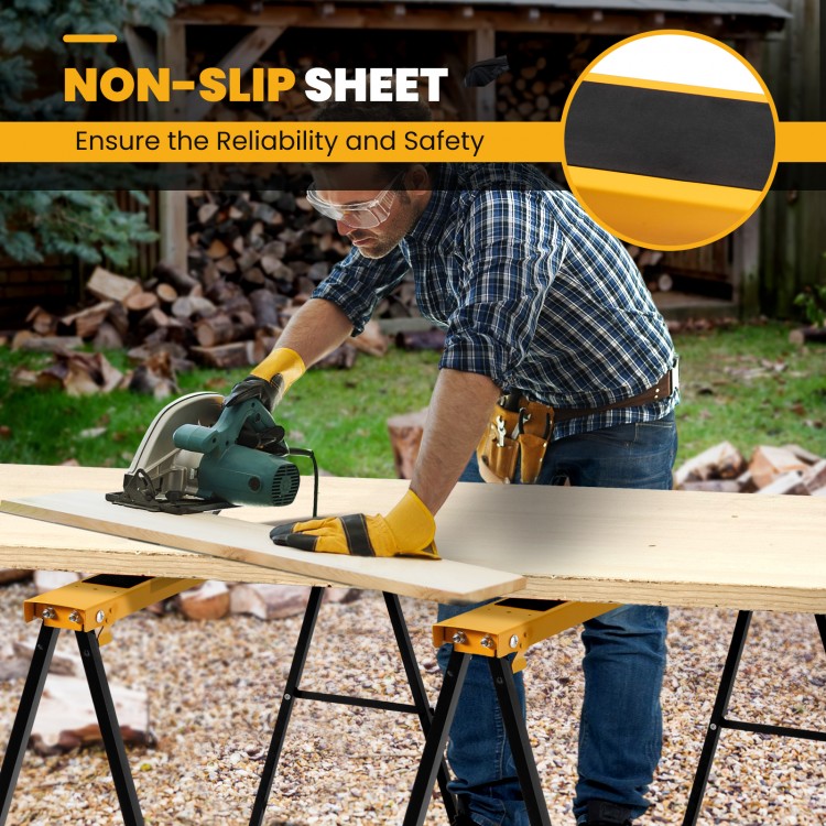 Heavy-duty sawhorse with steel folding legs, featuring a non-slip sheet for reliable support during woodworking tasks.