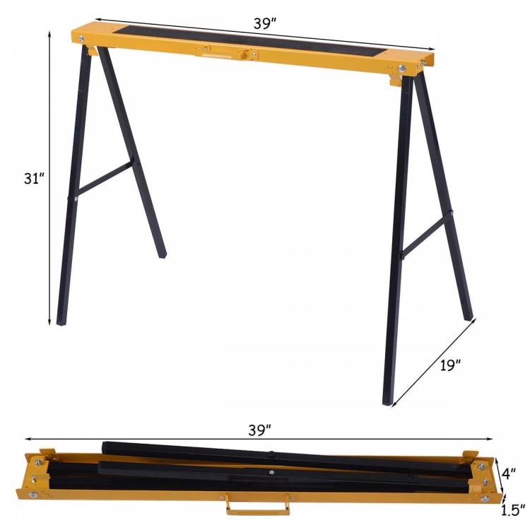 Heavy-duty steel sawhorse with folding legs, 39" long, 31" high, supports 275 lbs, ideal for portable workspace.