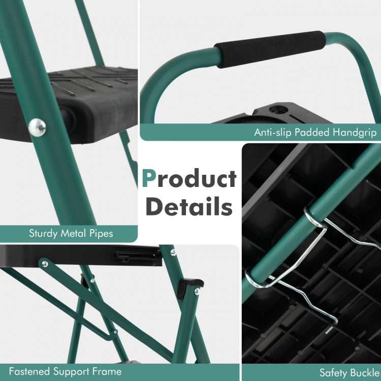 Close-up of the folding 4-step ladder showcasing the anti-slip handgrip, sturdy metal pipes, and safety buckle for.