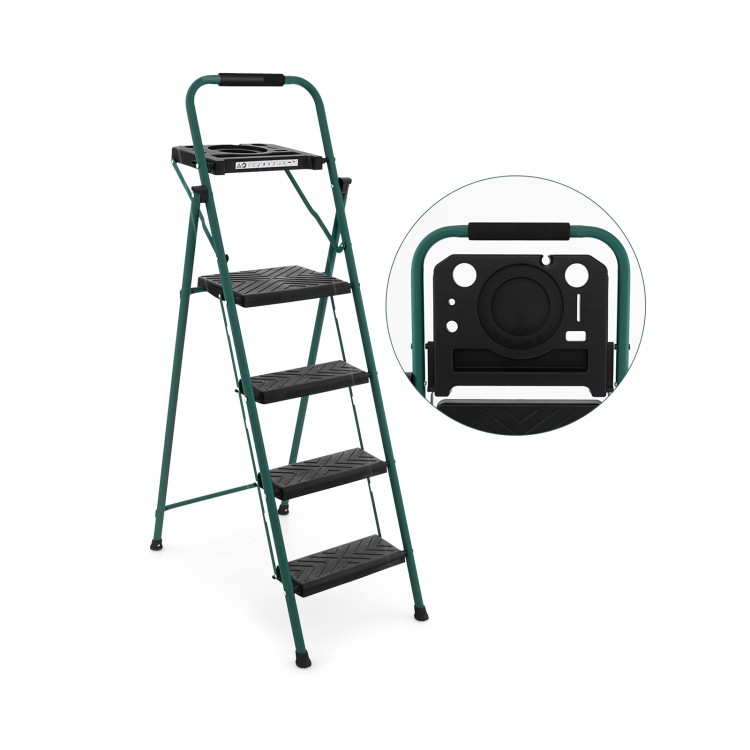 Folding 4-step ladder with tool tray, non-slip footpads, and reinforced metal structure for high stability.