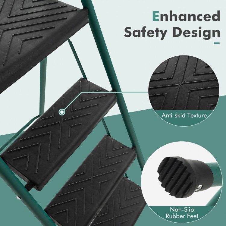 Folding 4-step ladder featuring anti-slip pedals and non-slip rubber feet for enhanced safety and stability.