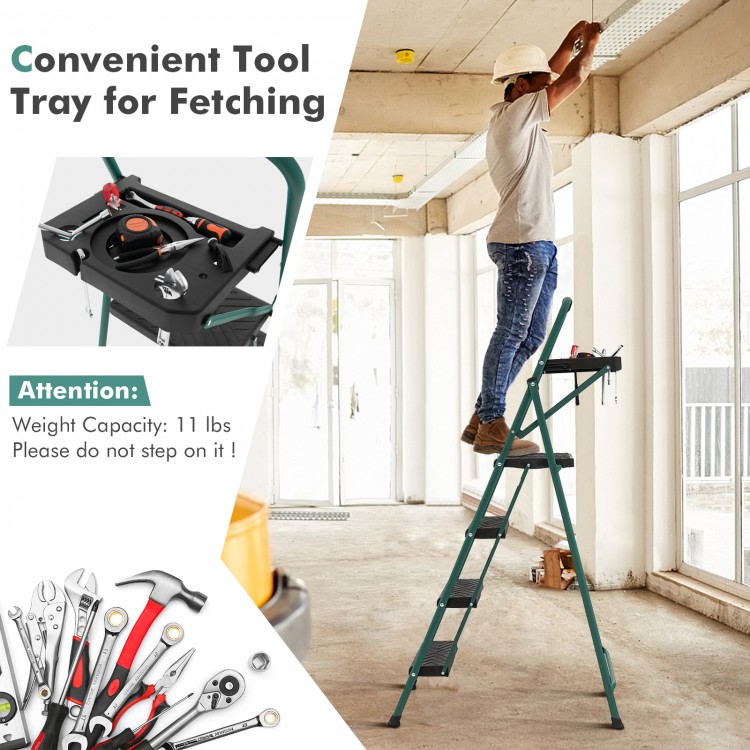 Folding 4-step ladder with tool tray, non-slip footpads, and reinforced metal structure for safety and convenience.