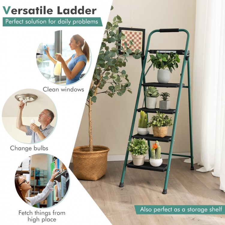Folding 4-step ladder with tool tray, non-slip footpads, ideal for changing bulbs and reaching high places.