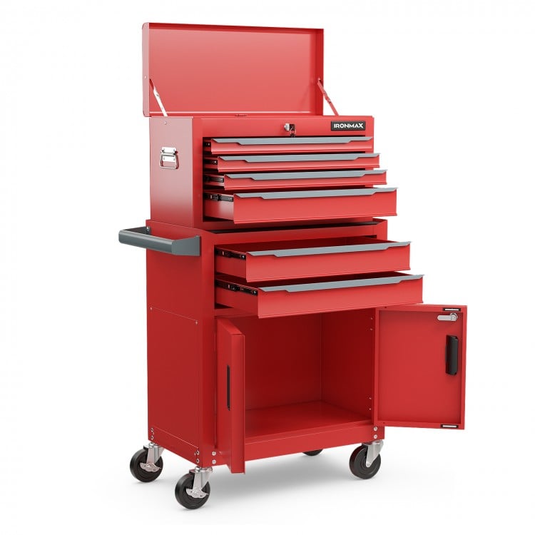 6-drawer red rolling tool storage chest cabinet with universal wheels, safety lock, and detachable top for versatile.